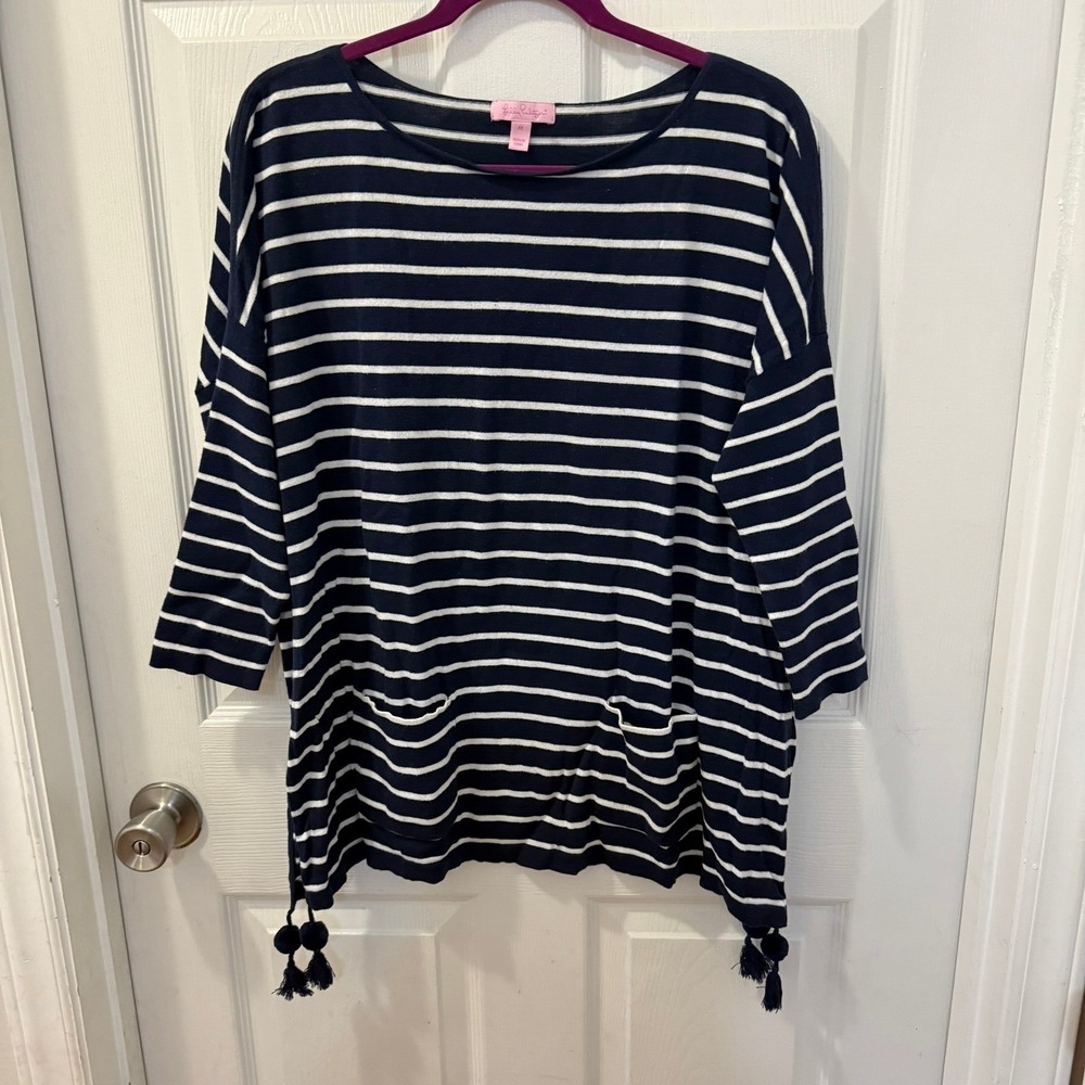 Lilly Pulitzer Women Medium Elba Sweater Top Navy White Striped Coastal Preppy